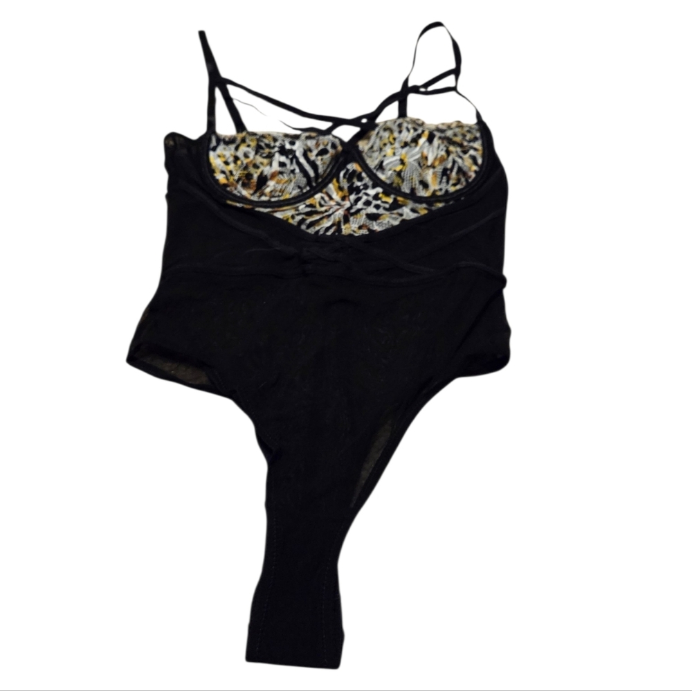 Women’s Venus Medium Black/Cheetah Print Sheer Bodysuit